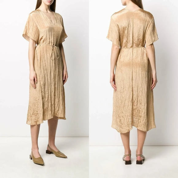 NWT Vince Sun Khaki Textured Short Sleeve Midi Dress Size Medium - Picture 1 of 13